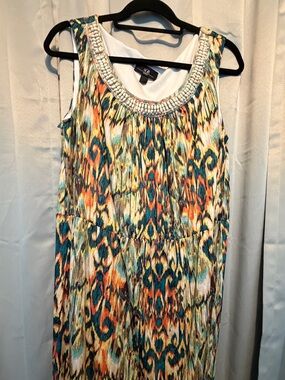 *FREE with Purchase* AGB Teal Orange Multicolor Beaded-Neck Maxi Dress